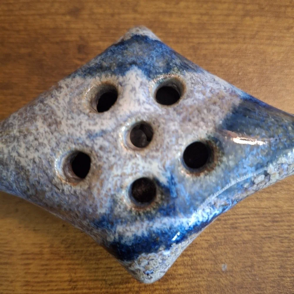 Vintage Mid Century Studio Pottery Flower Frog Pillow Shape Blue Drip Glaze 4 In